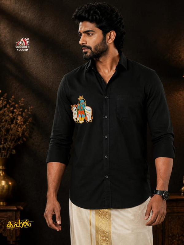BLACK SREE KRISHNA BEADED PATCH PREMIUM DESIGNER SHIRT