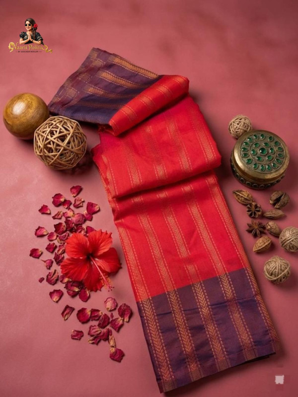 Semi Silk Saree - Red with indigo [SAREE0000204]