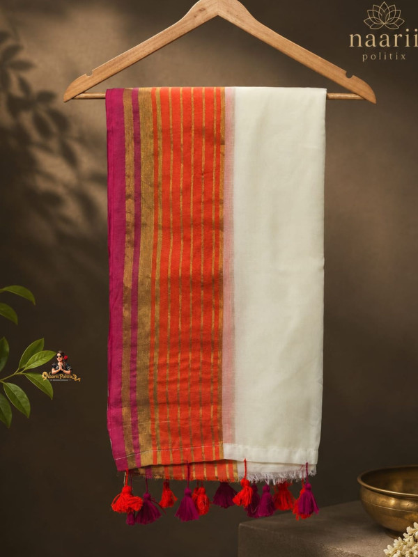 MUL COTTON SAREE -  IVORY WHITE BODY WITH CORAL ORANGE, MAGENTA PINK & ANTIQUE GOLD ZARI STRIPED BORDER