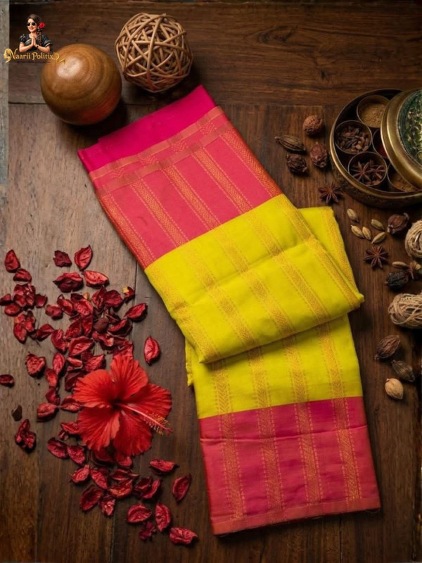 Semi Silk Saree - Parrot Yellow with Pink[SAREE0000200]