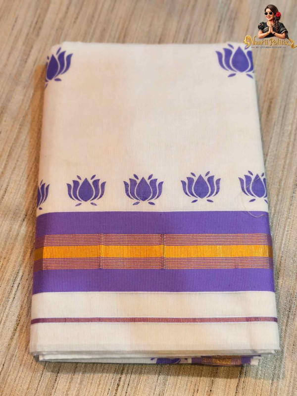 Hand Blocked Thamara Cotton Kasavu Saree Single Color - Royal Purple [SAREE0000107]
