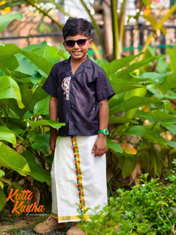 Elephant Embroidery Half Patch Black Shirt + Dhoti Combo For Kids[KCOMBO00026]