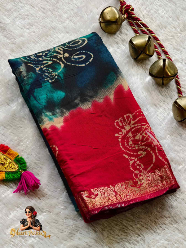 Hand Dyed Cotton Saree- Red and Blue [SAREE000073]