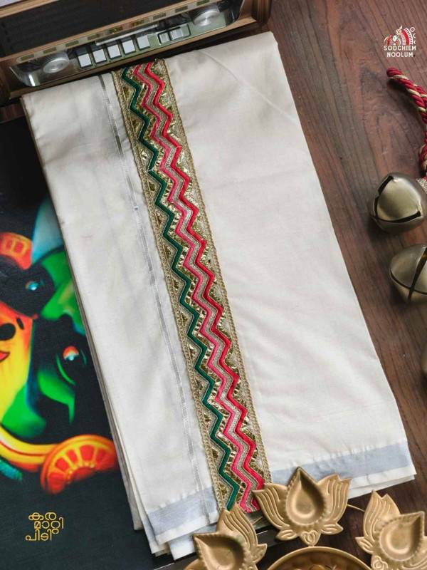 SILVER KASAVU EMBROIDERY DESIGNER PREMIUM DOUBLE COTTON DHOTI
