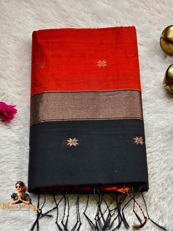 Maheswari  Silk Cotton Saree - Orange Body Black Pallu [SAREE00001]
