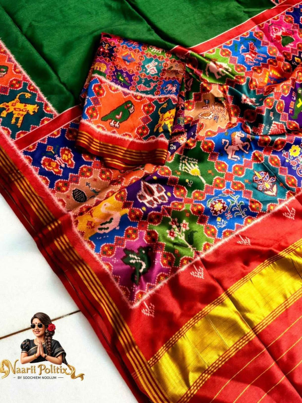 Handloom Silk Patola With Trending Designs & Lagadi Patta &Weaved Zari Border &Tassels - Green [SAREE0000191]