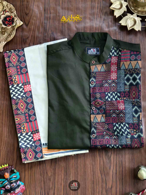 Bottle Green Premium Designer Half Patch Shirt+ Single Cotton Dhotie Combo[COMBO00086]