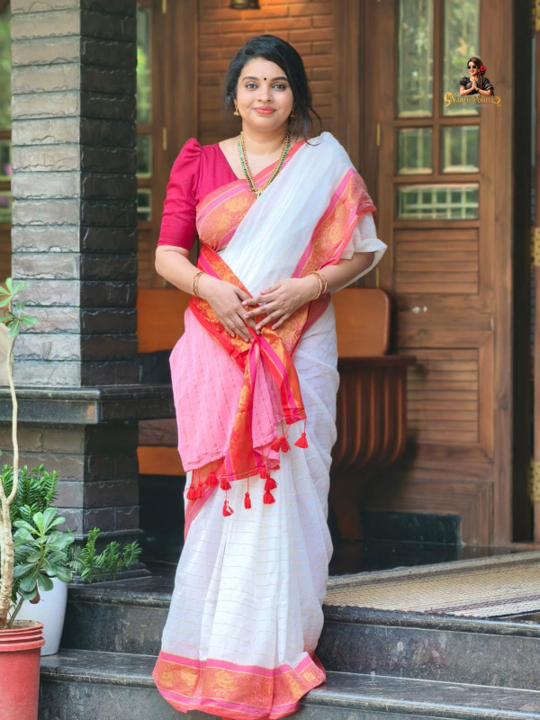 MUL COTTON SAREE - OFF WHITE WITH PINK & GOLD BORDER