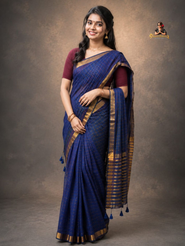 MUL COTTON SAREE - ROYAL BLUE  WITH GOLD CHECKS
