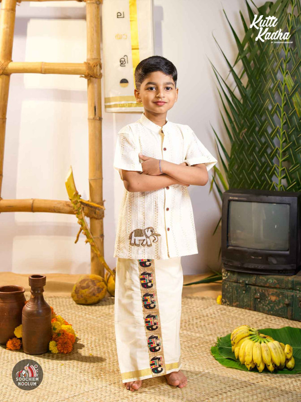 Kids white Elephant Beads Patch Shirt Double Dhoti Combo