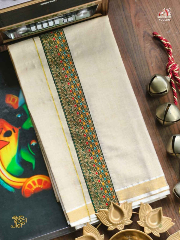 GOLDEN KASAVU EMBROIDERY DESIGNER PREMIUM DOUBLE TISSUE DHOTI