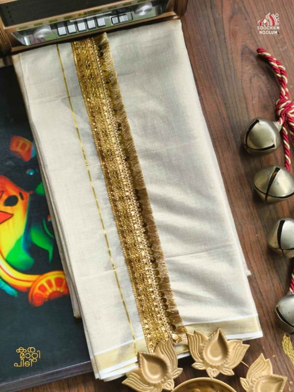 GOLDEN KASAVU EMBROIDERY DESIGNER PREMIUM DOUBLE TISSUE DHOTI