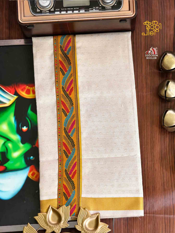 Tissue Golden Jacquard Kasavu Colour Full Embroidery Designer Premium Single Dhoti[SINGLE000135]