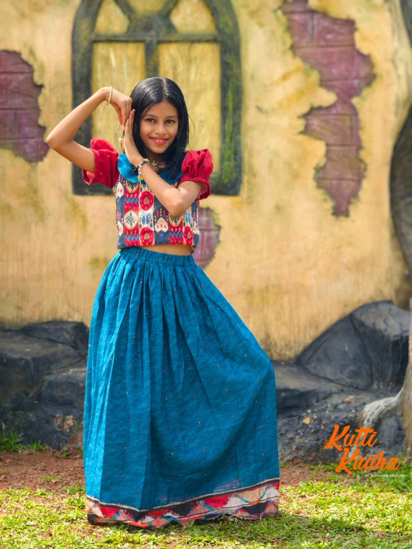 NIRAKKOOTT-  Blue & Red Ikat Skirt and Top for Girls[SKIRTOP0009]