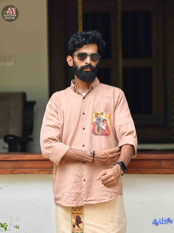 Pocket Designer patch Shirt- Single Golden Kasavu Dhoti Combo