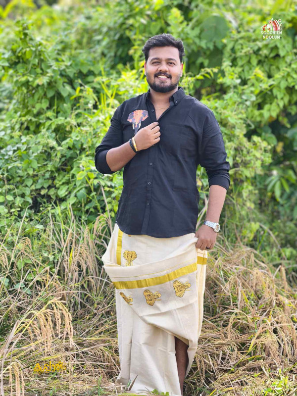 Black Elephant printed Shirt+ Double Tissue Dhoti Combo[COMBO000310]