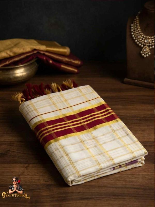 Checked Cotton Kasavu Saree - Maroon and Gold [SAREE0000131]