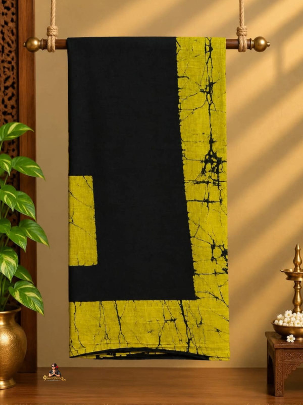 JAIPUR MUL MUL COTTON SAREE - BLACK WITH MUSTARD YELLOW