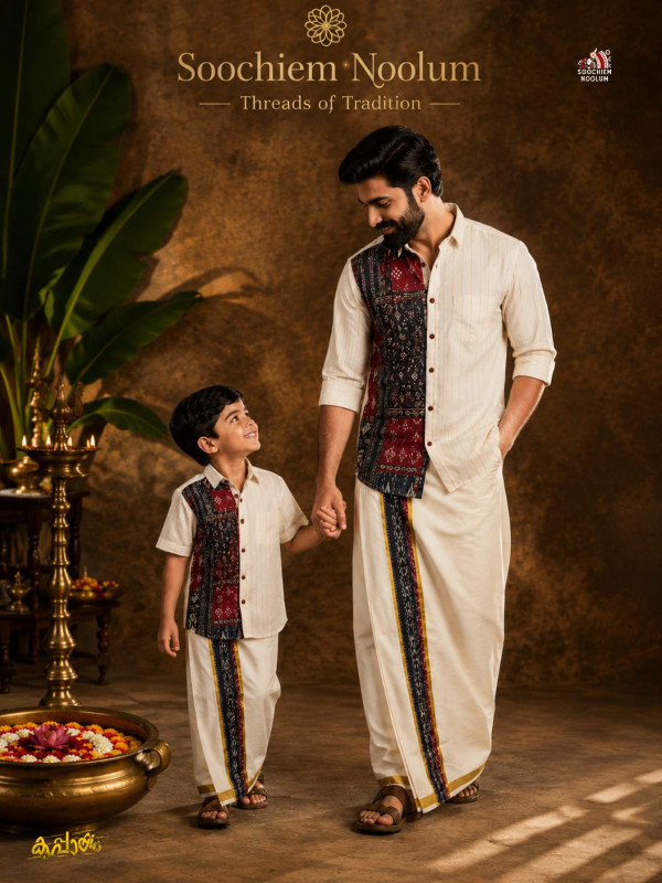 DAD & SON -  DESIGNER PREMIUM SHIRT + GOLDEN KASAVU COTTON DOUBLE DHOTI COMBO