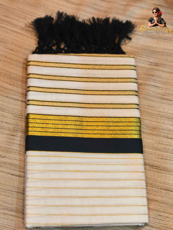 Cotton Striped Kerala Saree With Tassels Single Color Kara- Black and Gold [SAREE000079]
