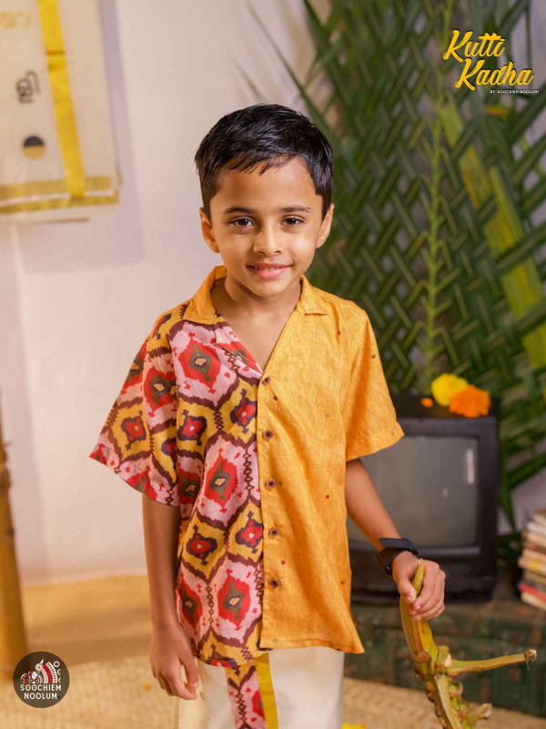 NIRAKKOOTT-Yellow Ikat Shirt For Kids