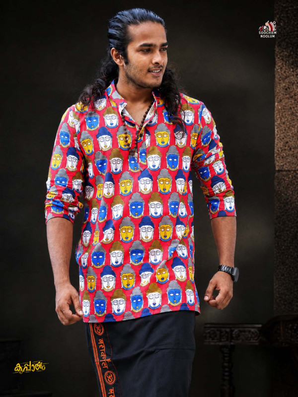 RED BUDDHA PREMIUM DESIGNER KURTA + BLACK PREMIUM COTTON DHOTI COMBO [CLEARANCE SALE]
