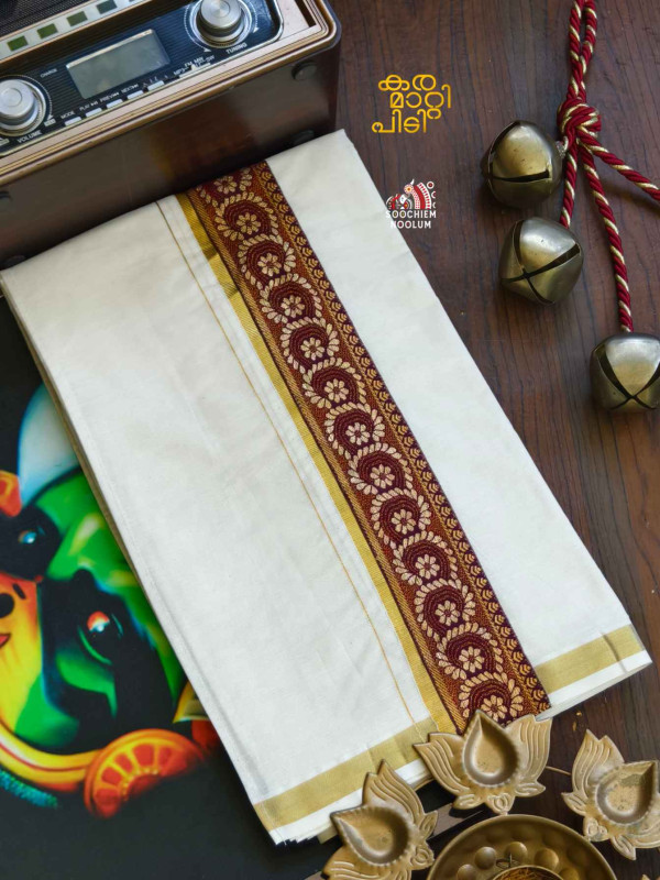 Golden Kasavu Embroidery Designer Premium Double Cotton Dhoti[DOUBLE000121]