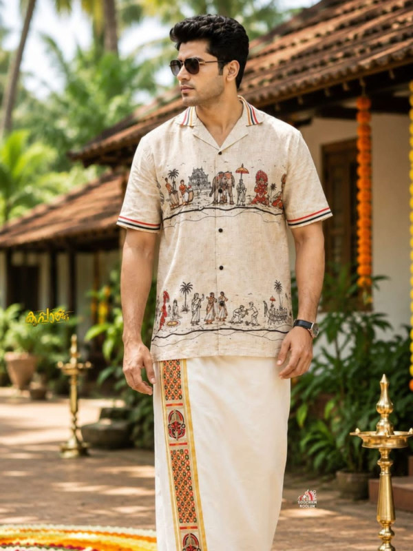 PRE BOOK ONLY SHIPPING AFTER 7 WORKING DAYS-ONAM SPECIAL PREMIUM DESIGNER SHIRT -  GOLDEN COTTON KASAVU DOUBLE DHOTI COMBO