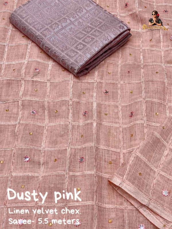 Soft Linen Saree With Weaving chex Of Velvet Thread - Dusty Pink [SAREE0000183]