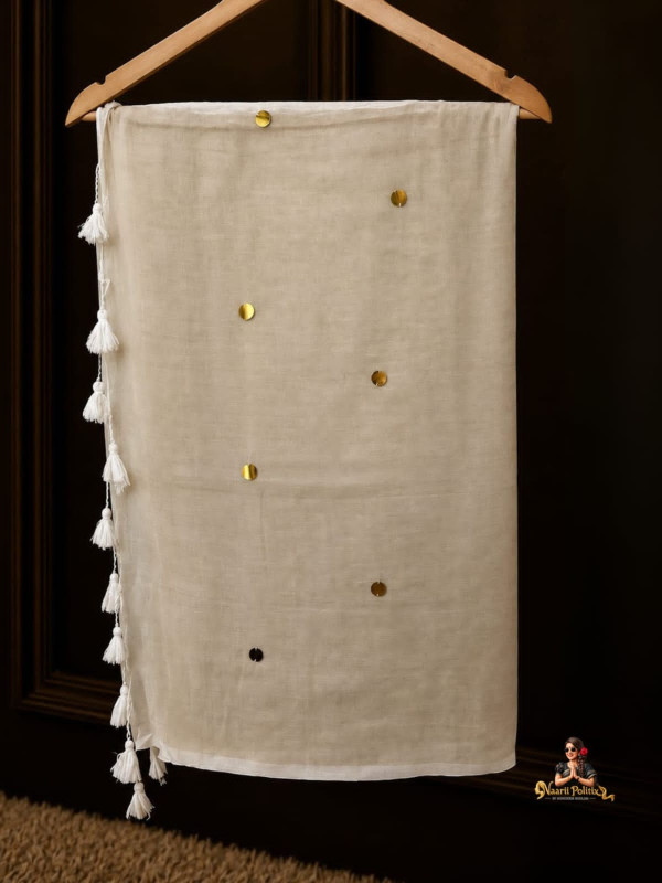 MUL COTTON SAREE  - IVORY BEIGE WITH GOLD MOTIFS