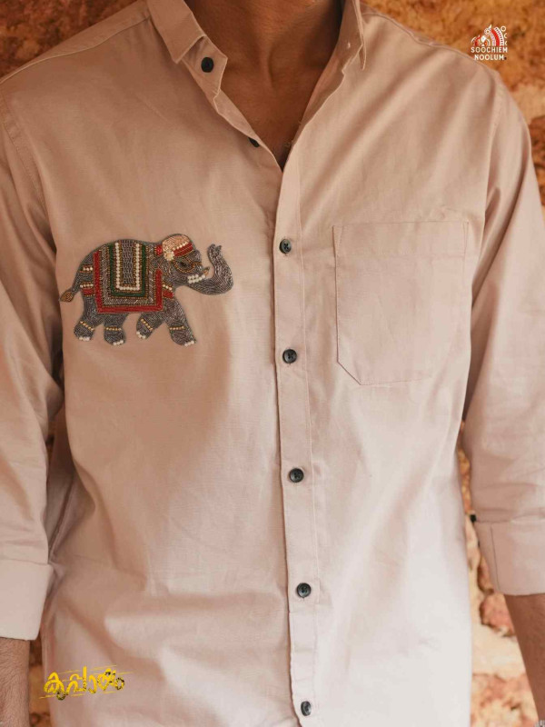 Copper Elephant Beaded Patch Premium Designer Shirt[SHIRT000245]