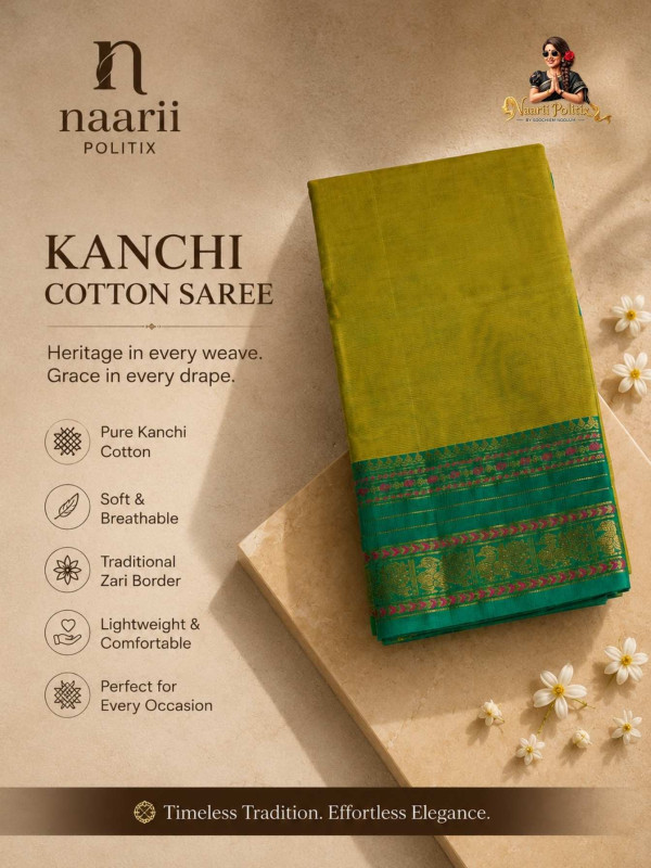 Premium Kanchi Cotton Saree - Olive Green [SAREE0000319]