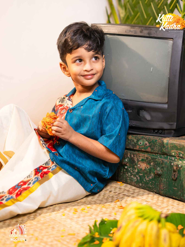 NIRAKKOOTT-Blue Ikat Shirt + Dhoti Combo For Kids