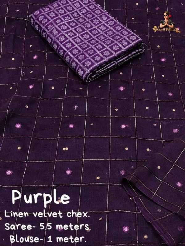 Soft Linen Saree With Weaving Chex Of Velvet Thread -  Deep Purple [SAREE0000186]