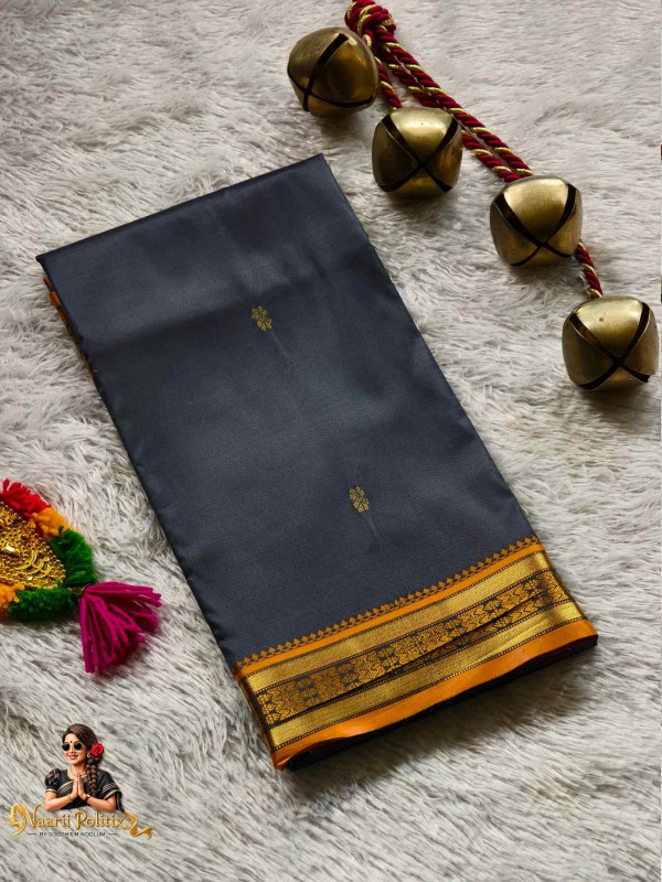 Butter Silk Saree  - Smoky Grey With Gold Border [SAREE000048]