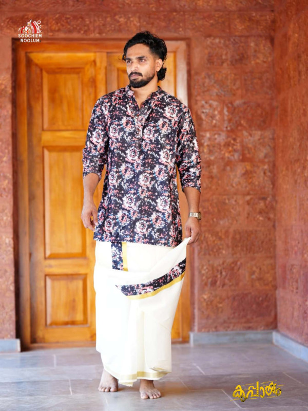 Black Premium Designer Velvet Kurta + Off-White Premium Double Dhothi Combo[KURTACOMBO0007]