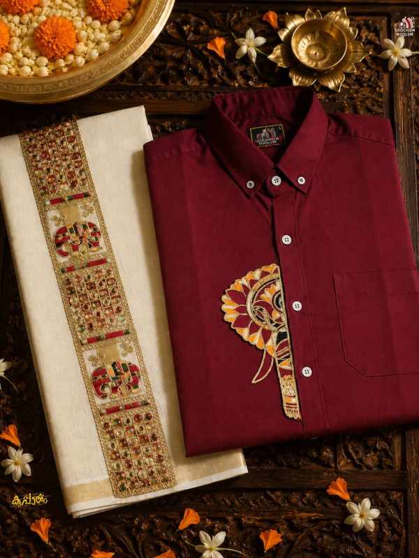 ELEPHANT EMBROIDERY HALF PATCH SHIRT -  DOUBLE GOLDEN TISSUE KASAVU DHOTI COMBO