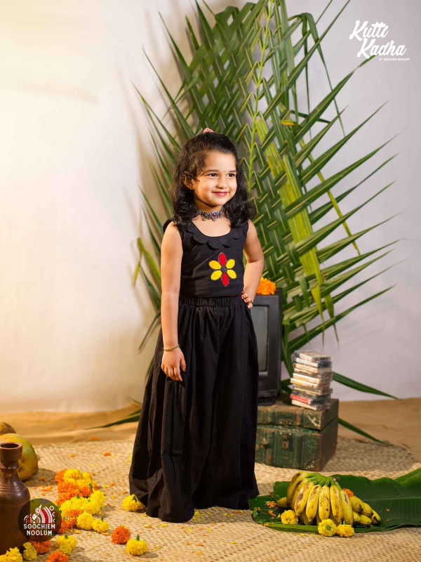 POOKKALAM-Crop Top and Palazzo with Floral Patch Black Color
