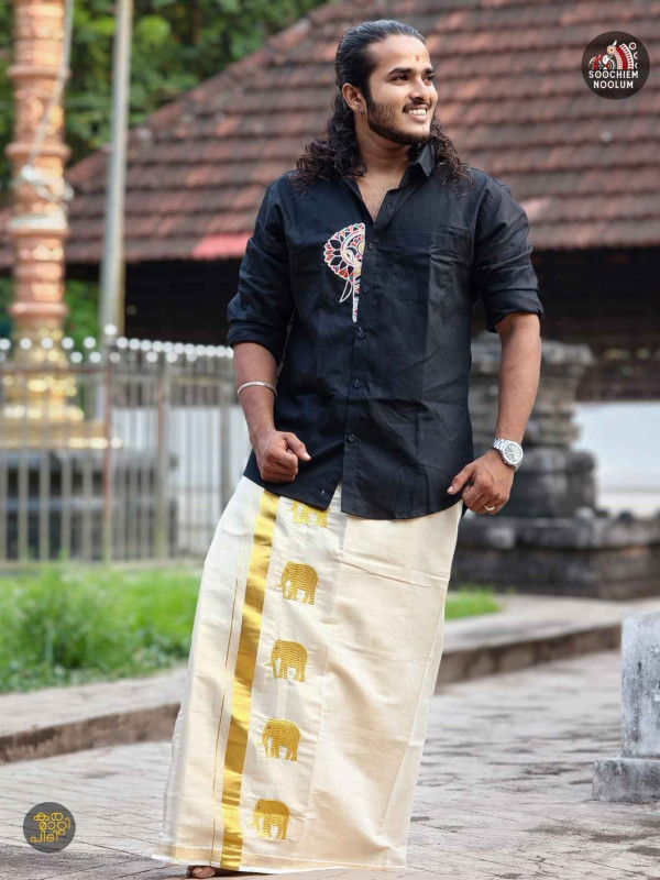 Black Elephant Embroidery Half patch shirt+Double Golden kasavu Elephant Embroidery Dhoti Combo [COMBO000235]