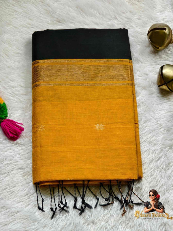 Maheswari  Silk Cotton Saree - Black Body Mustard Yellow Pallu [SAREE00004]