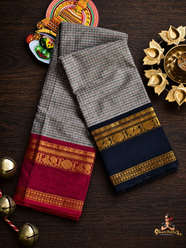 Ganga Jamuna Border Kanchi cotton saree -  Grey with Red and Navy Blue [SAREE0000252]