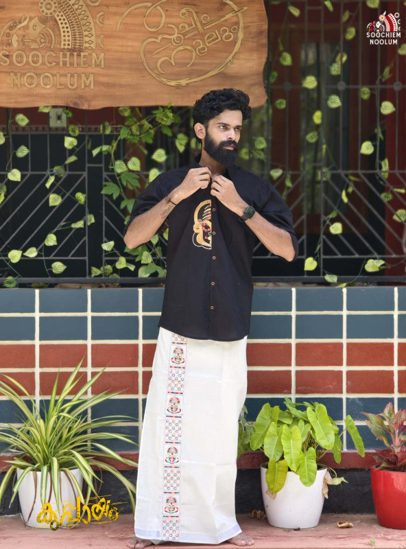 Embroidery Patch Designer Shirt-Single Silver kasavu Dhotie Combo