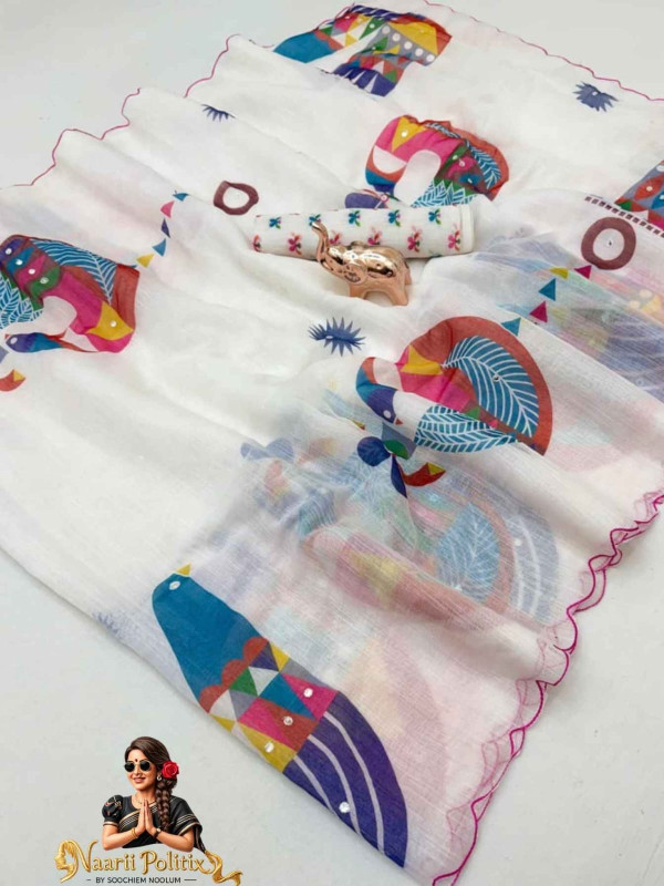 Fancy Linen Printed linen Saree - White [SAREE0000172]