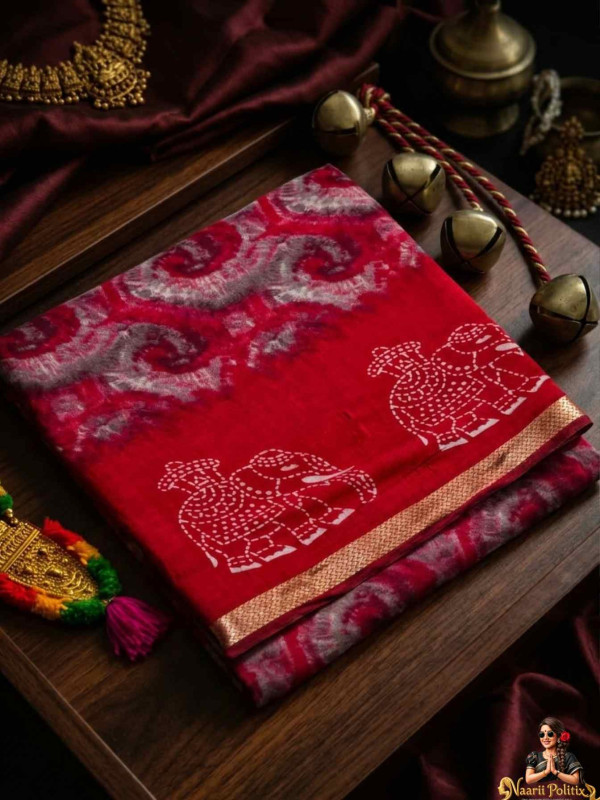 Hand Dyed Cotton Saree- Red  [SAREE0000126]