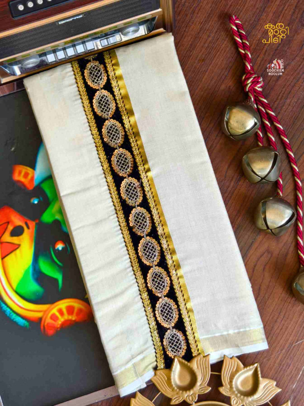 Golden Kasavu Colour Full Embroidery Designer Premium Double Dhoti[DOUBLE00088]