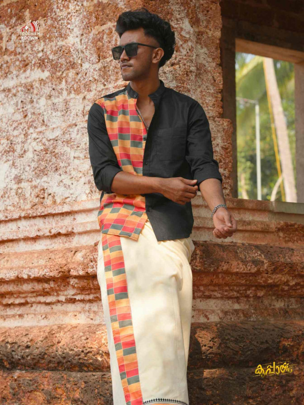 Black premium Designer Half patch shirt+ Single Dhoti Combo[COMBO000258]