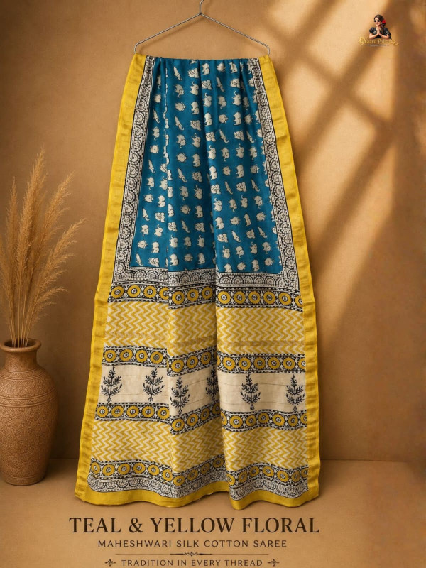 Teal & Yellow Floral Maheshwari Silk Cotton saree [SAREE0000281]