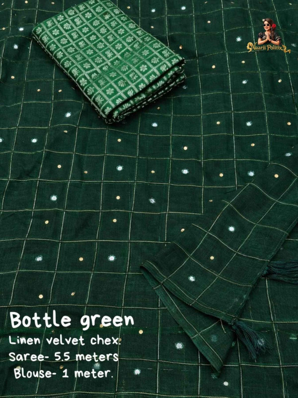 Soft Linen Saree With Weaving Chex Of Velvet Thread - Bottle Green [SAREE0000184]