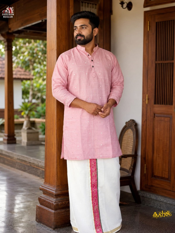 Soft linen Festive Special luxury kurta +Designer Cotton Kasavu Dhoti Combo - light pink  [KURTACOMBO00065]