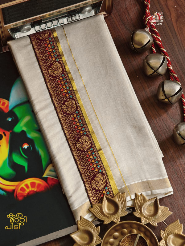 Golden Kasavu Embroidery designer Premium Double tissue Dhoti[DOUBLE000108]